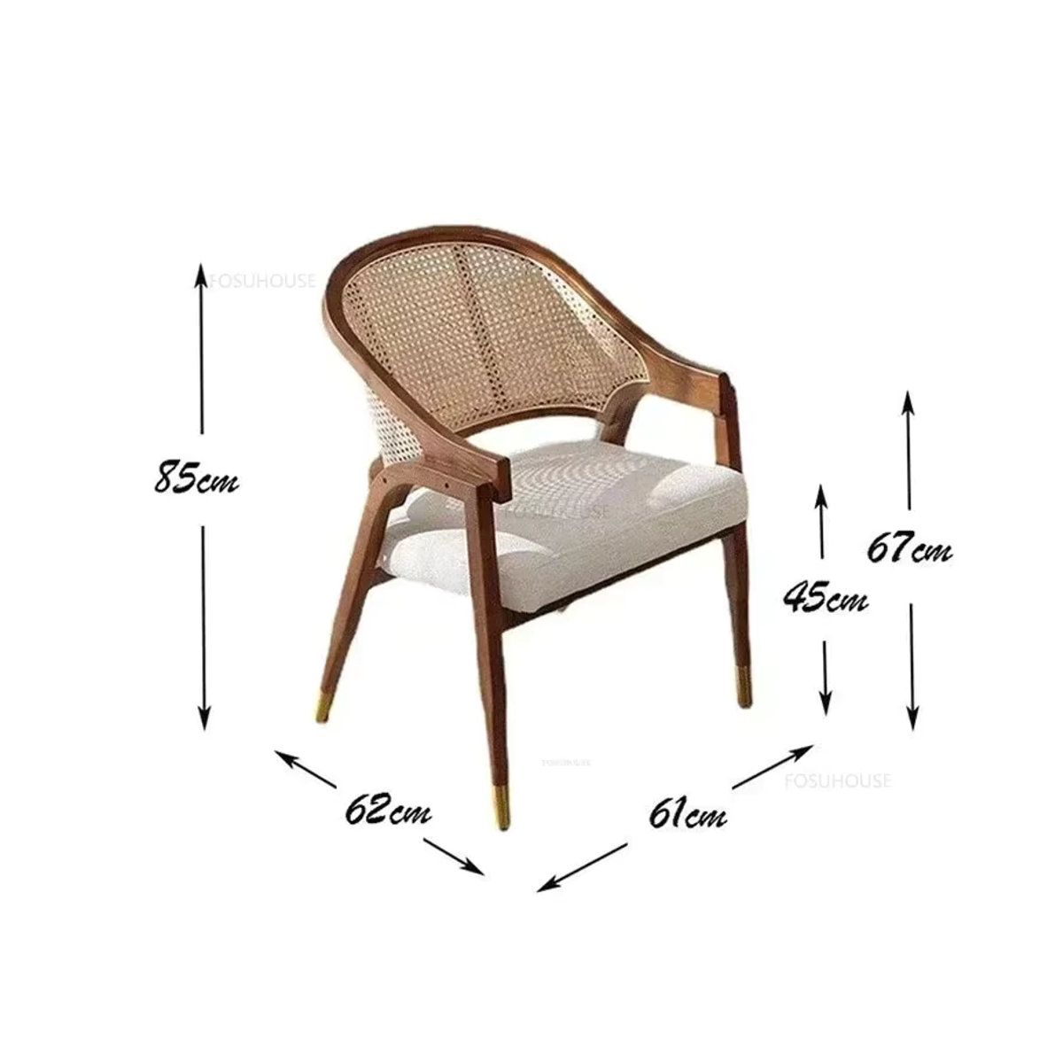 Nordic Retro Esszimmerstuhl aus Massivholz mit Rattan und Kunstleder in Nussbaum und Schwarz-Braun - Bild 2