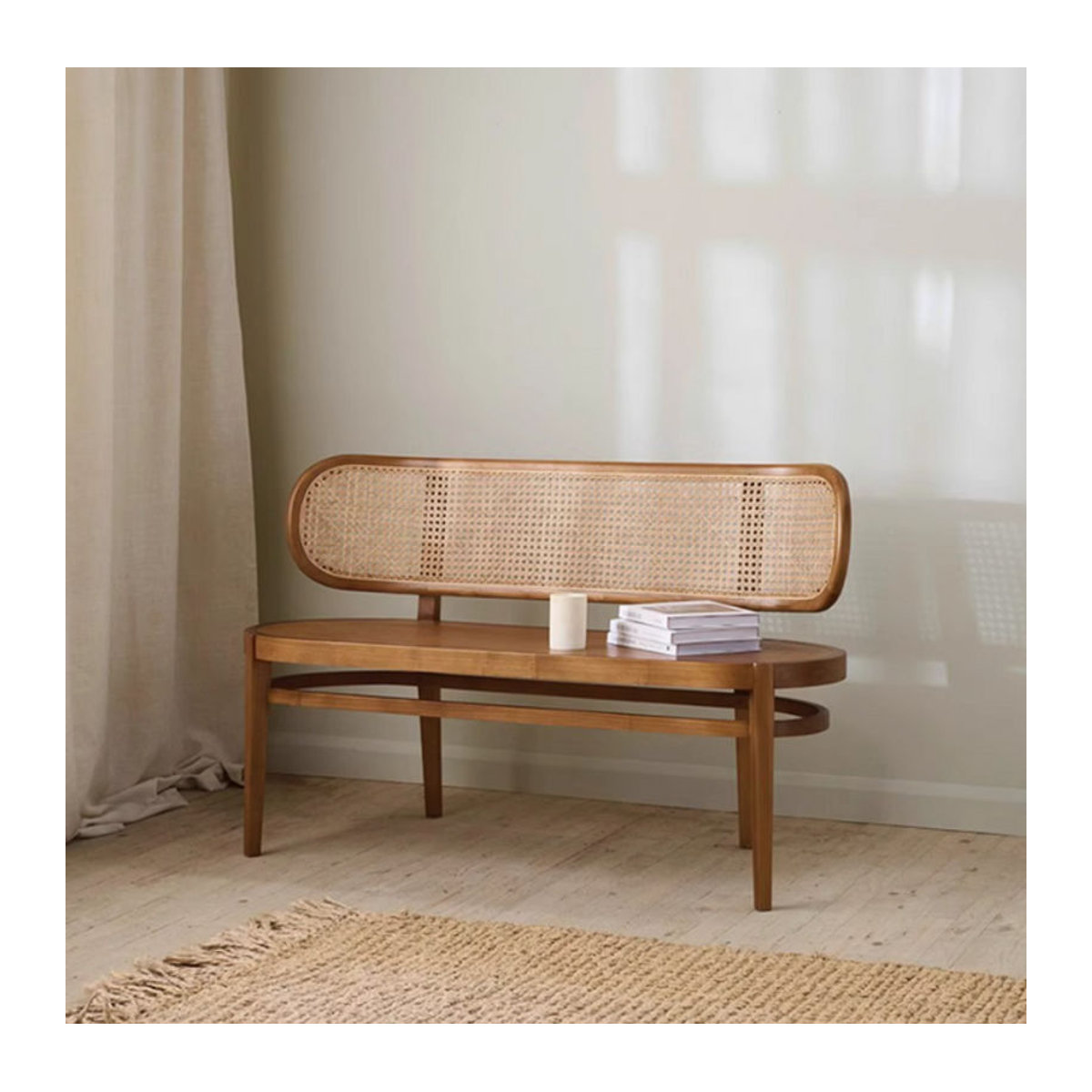 Nordische Esstischbank aus Massivholz mit Rattan-Rückenlehne im Retro-Stil, Braun - Bild 1