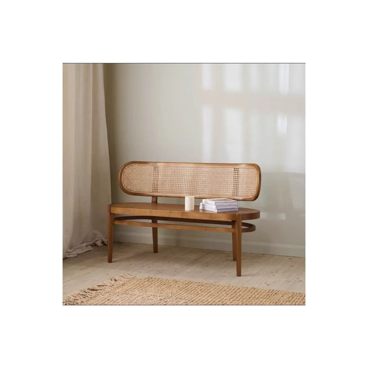 Nordische Esstischbank aus Massivholz mit Rattan-Rückenlehne im Retro-Stil, Braun - Bild 2