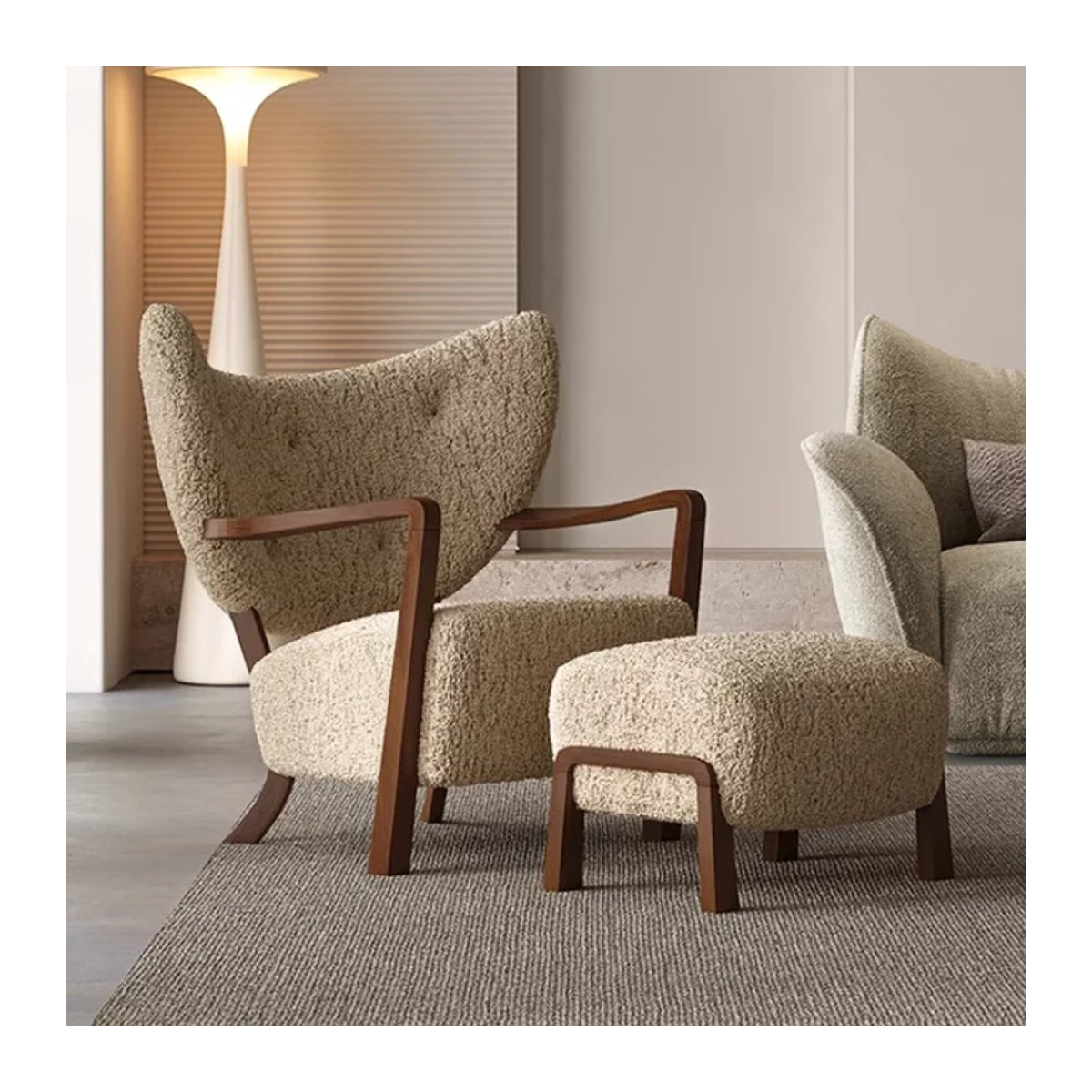 Nordischer Wolfsleder-Freizeitstuhl im dänischen Designer-Stil aus Boucle und Holz in Beige - Bild 1