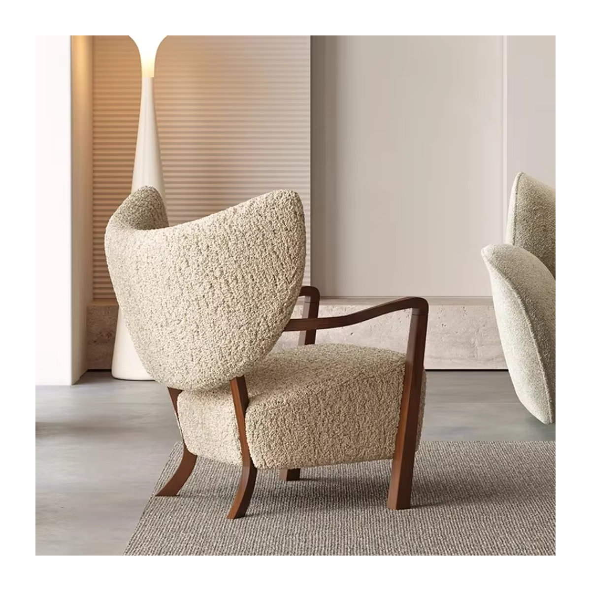 Nordischer Wolfsleder-Freizeitstuhl im dänischen Designer-Stil aus Boucle und Holz in Beige - Bild 3