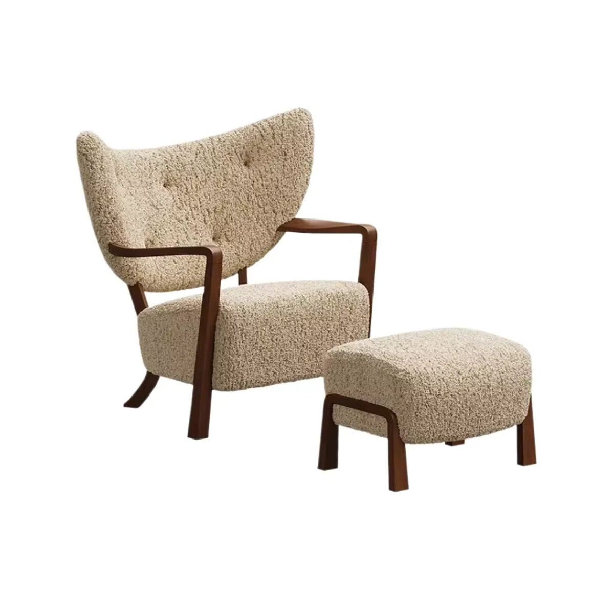 Nordischer Wolfsleder-Freizeitstuhl im dänischen Designer-Stil aus Boucle und Holz in Beige - Bild 5