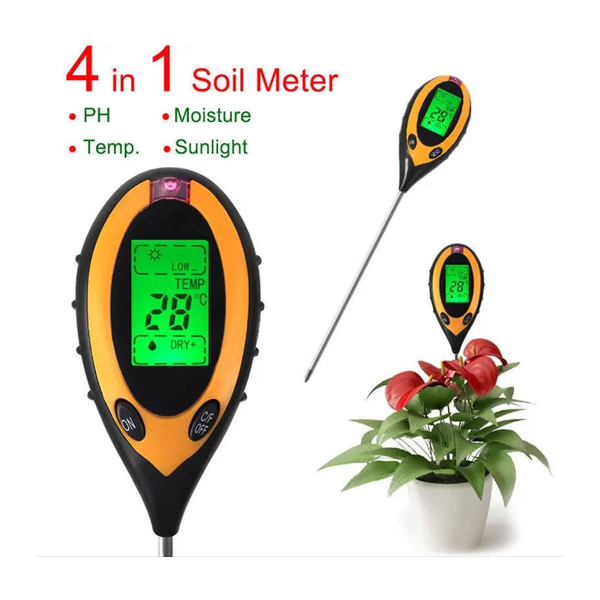 NovaSphere 4-in-1 Boden-PH-Messgerät mit LCD zur Messung von Temperatur, Luftfeuchtigkeit und Sonnenlichtintensität in Bunt - Bild 1