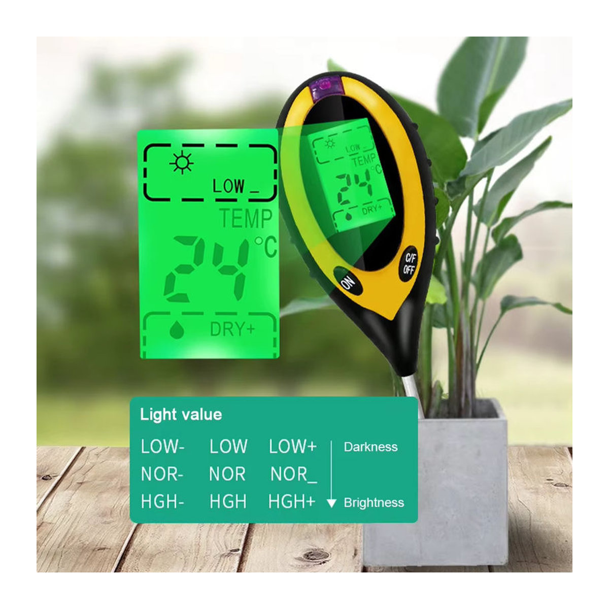 NovaSphere 4-in-1 Boden-PH-Messgerät mit LCD zur Messung von Temperatur, Luftfeuchtigkeit und Sonnenlichtintensität in Bunt - Bild 4