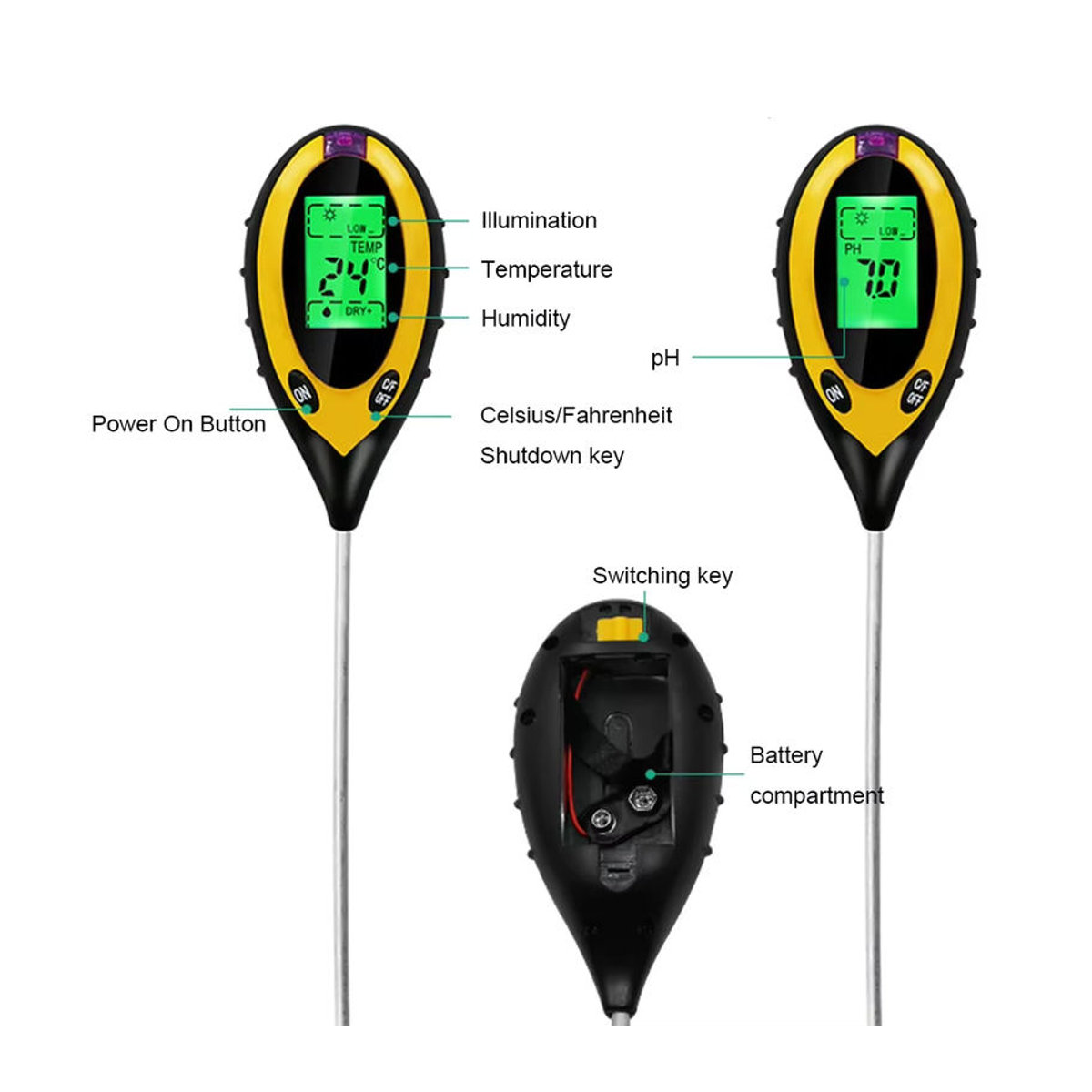 NovaSphere 4-in-1 Boden-PH-Messgerät mit LCD zur Messung von Temperatur, Luftfeuchtigkeit und Sonnenlichtintensität in Bunt - Bild 5