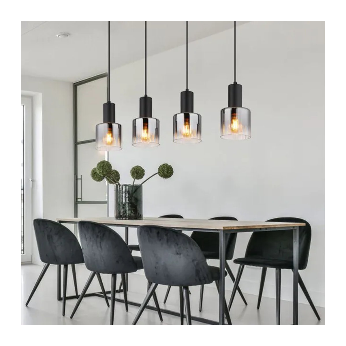 Nowa Pendelleuchte im Industrial Design aus Metall und Glas in Schwarz mit Rauchglas, 4-flammig, E27, B/H/T: 74 x 150 x 12 cm - Bild 6