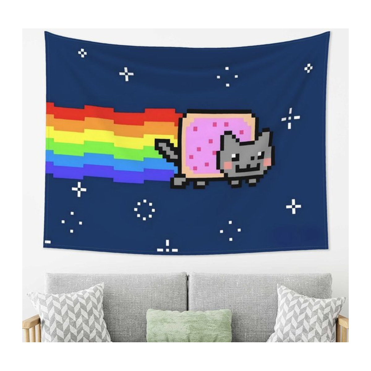 Nyan Cat Pixel Art Wandteppich von Potdemiel in Blau, Vintage Wandbehang für Wohnzimmer und Party-Dekoration, B/H: 90 x 90 cm - Bild 1