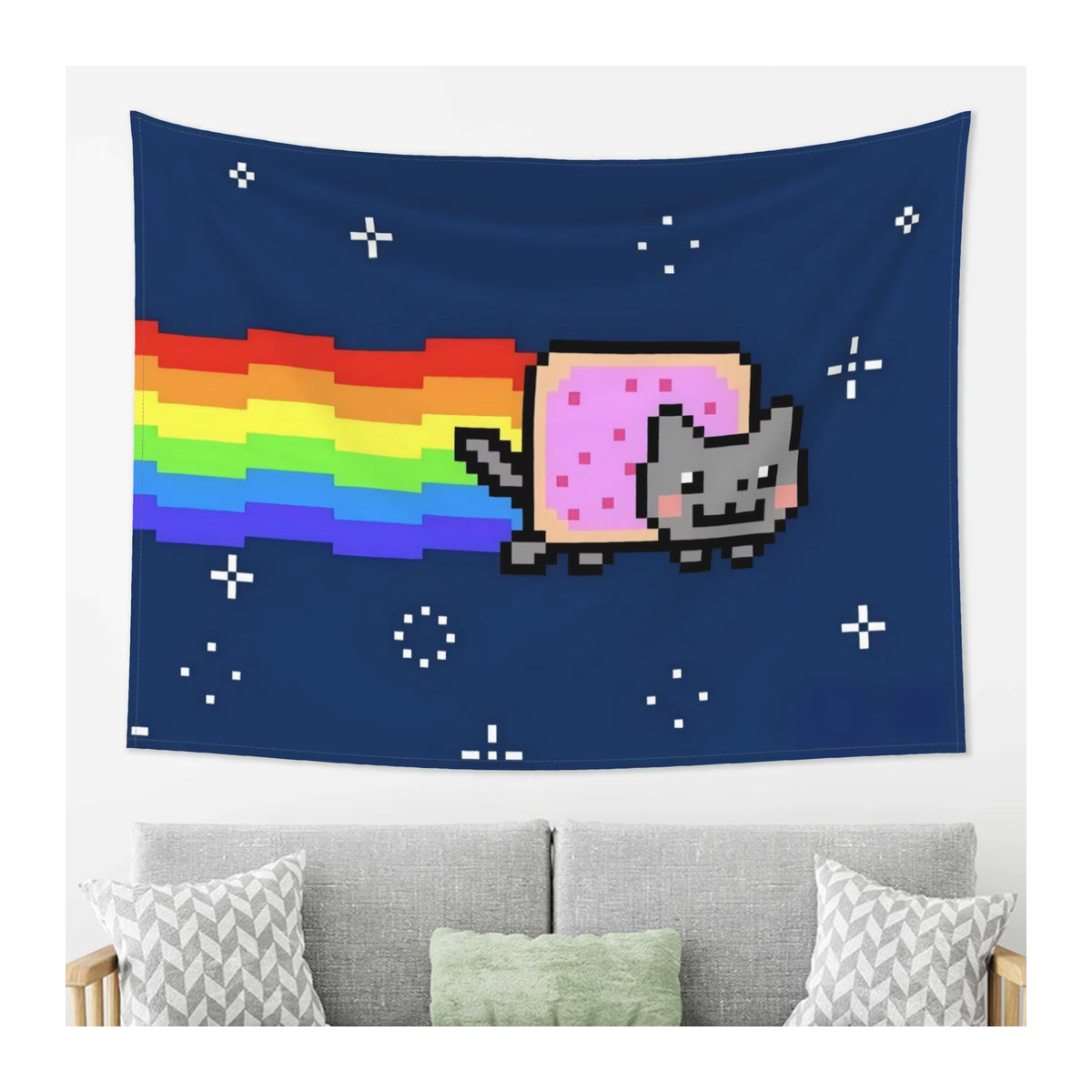Nyan Cat Pixel Art Wandteppich von Potdemiel in Blau, Vintage Wandbehang für Wohnzimmer und Party-Dekoration, B/H: 90 x 90 cm - Bild 2