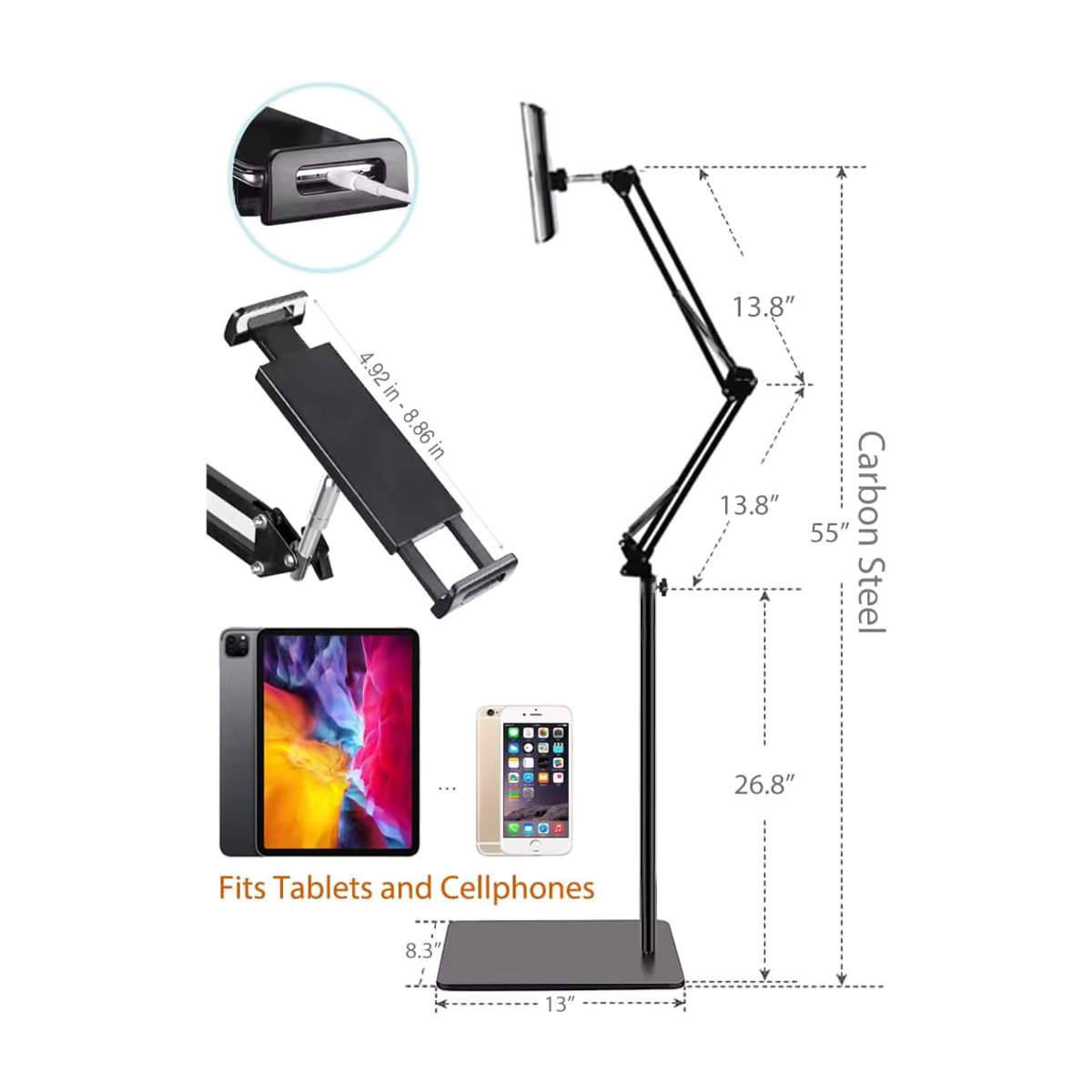 NYFundas Tablet Bodenständer Schwarz – Höhenverstellbare Halterung für iPad Air, Xiaomi Pad Pro, Kindle und Samsung Mini 11 bis 13 Zoll - Bild 2