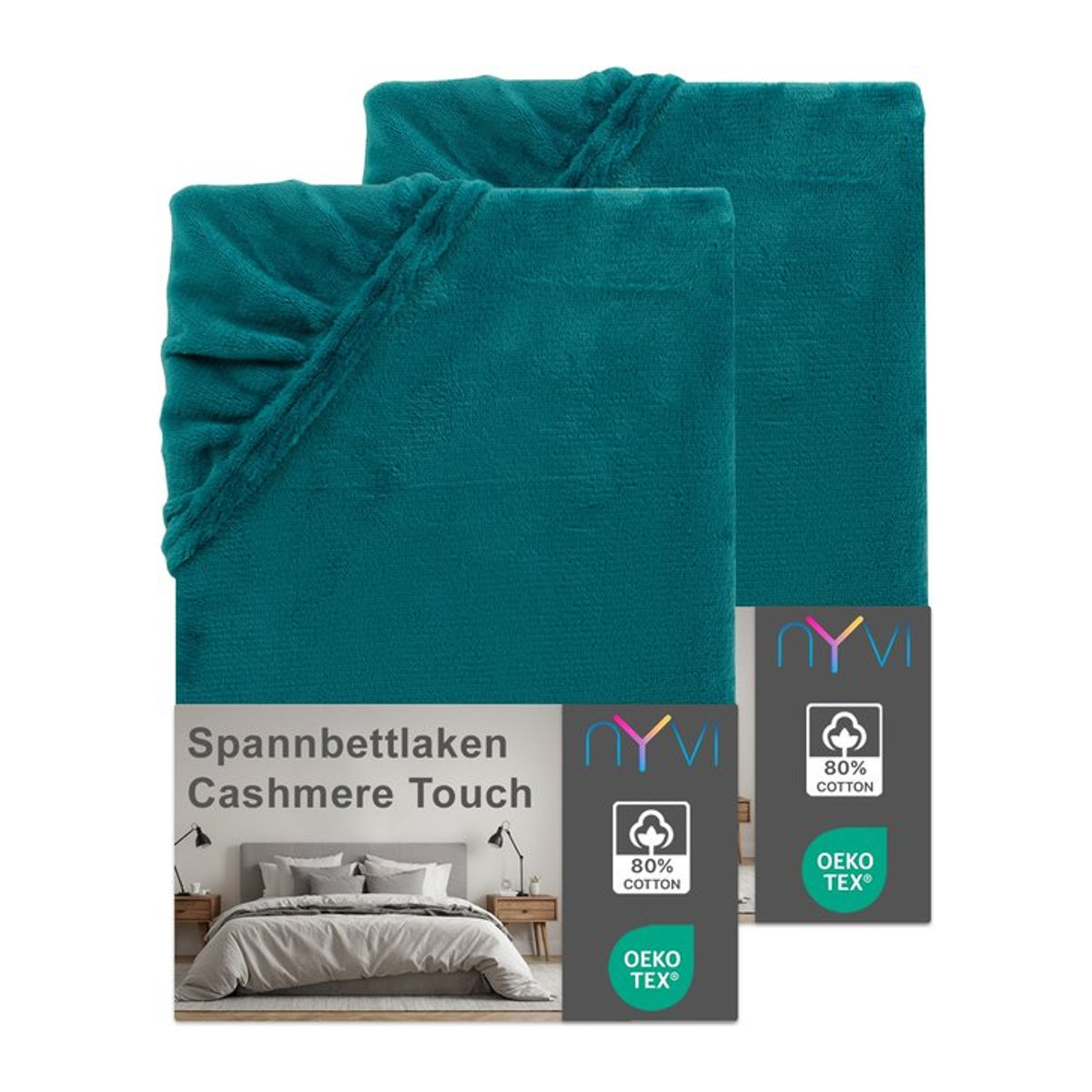 NYVI DreamScience Cashmere Touch Spannbettlaken 2er Pack, petrol, für Matratzen bis 22 cm Höhe - Bild 1