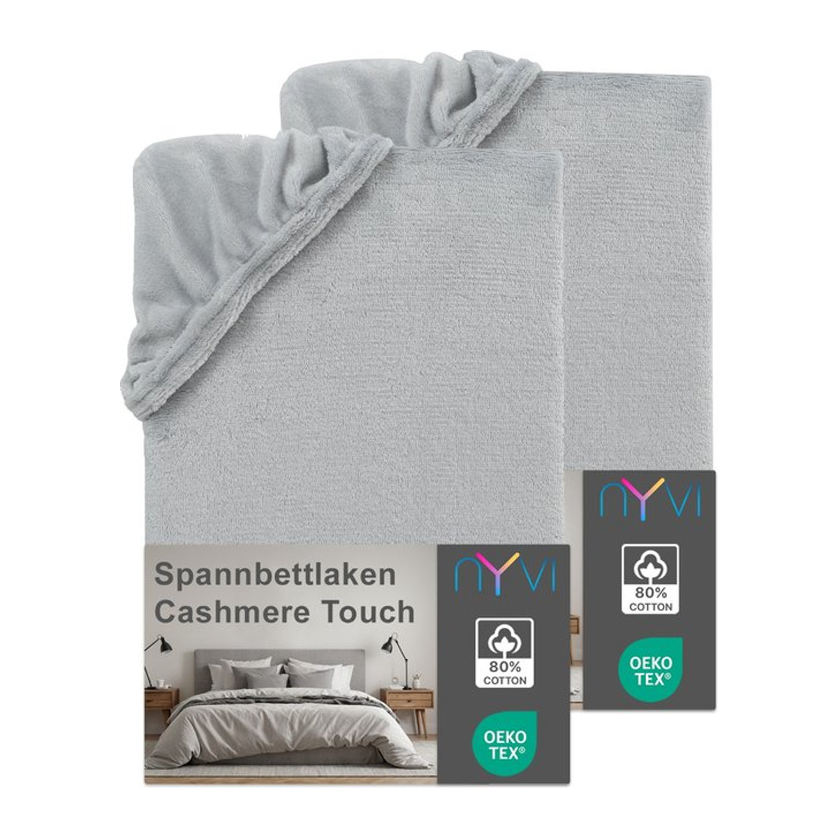 NYVI DreamScience Cashmere Touch Spannbettlaken 2er Pack, silber, für Matratzenhöhen bis 22 cm - Bild 1
