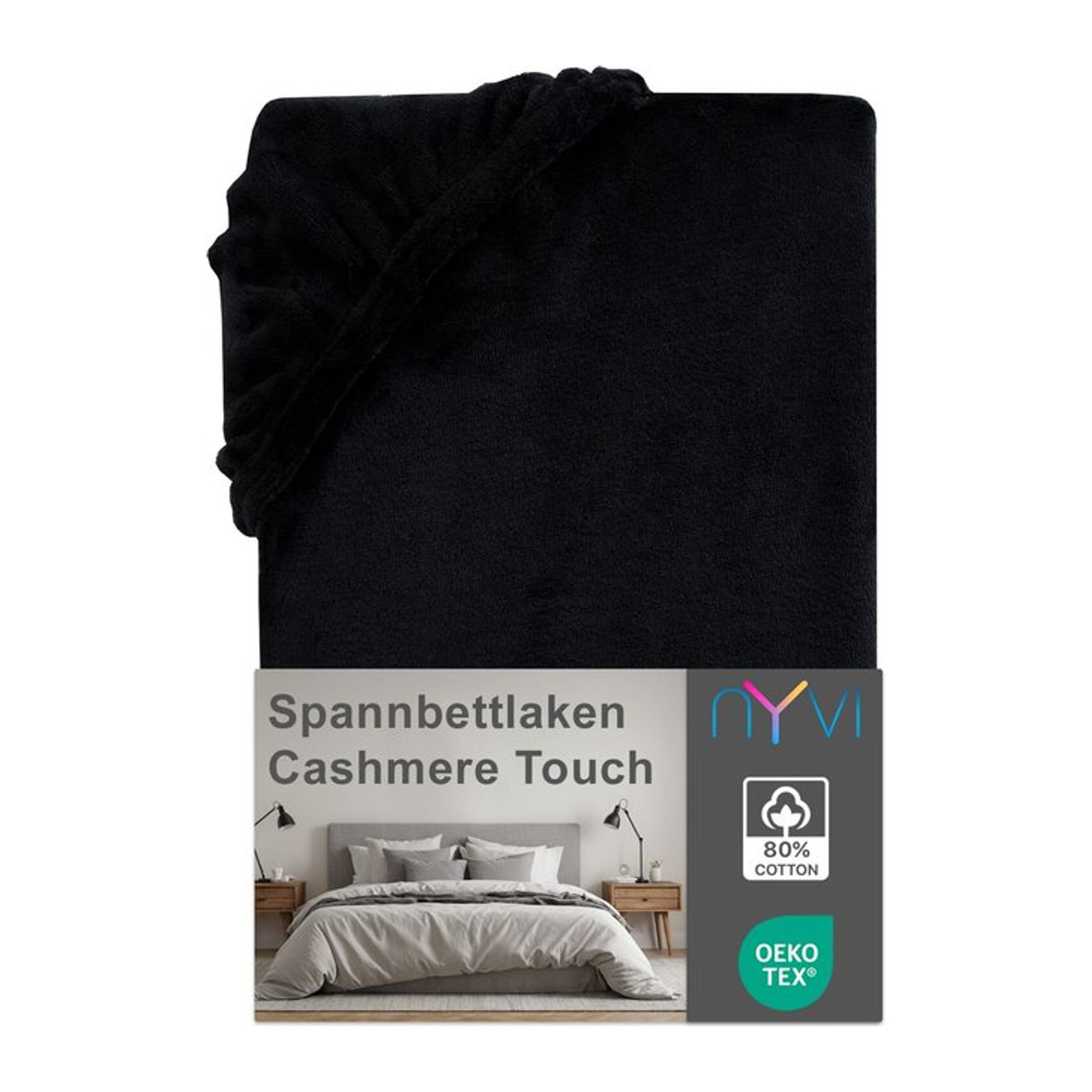 NYVI DreamScience Cashmere Touch Spannbettlaken Schwarz für Matratzen bis 22 cm Höhe, Größe: 180 x 200 cm oder 200 x 200 cm - Bild 1