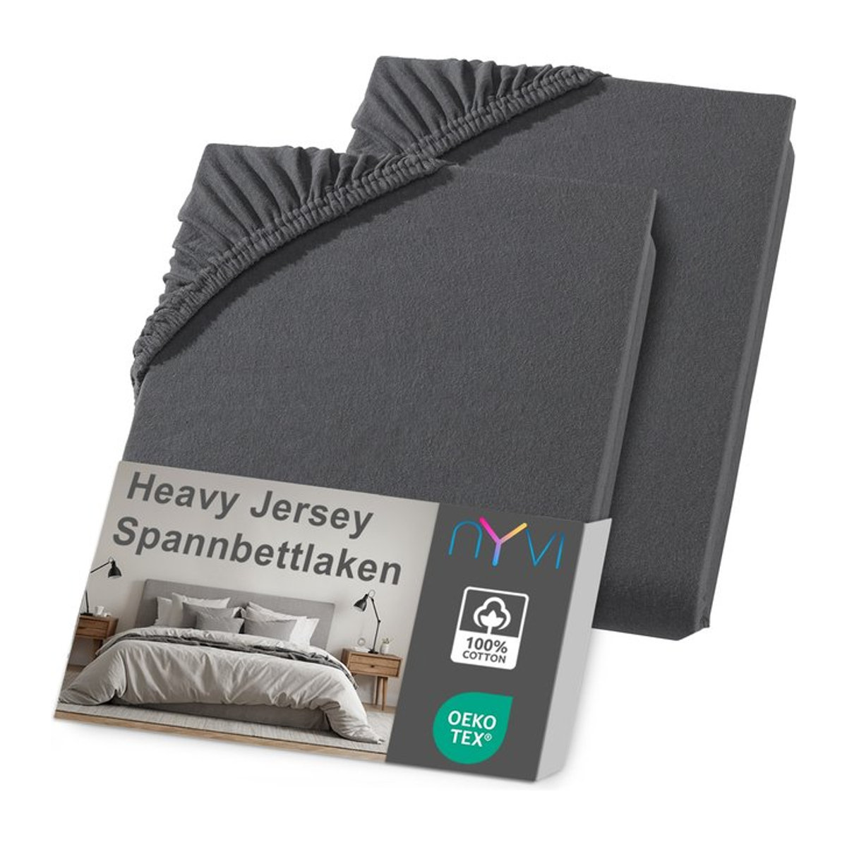 NYVI DreamScience Heavy Jersey Spannbettlaken 2er Pack, Anthrazit, B/T/H: 140 x 200 x 15 cm und 160 x 200 x 15 cm, formstabil und bügelfrei - Bild 1
