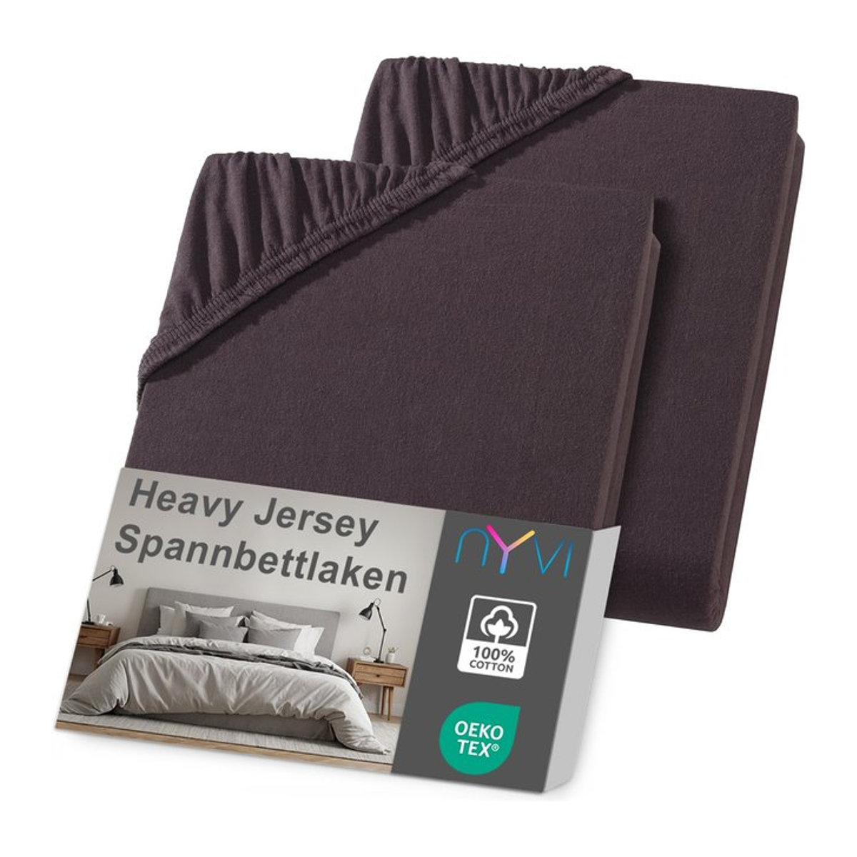 NYVI DreamScience Heavy Jersey Spannbettlaken 2er Pack, braun, B/T: 180 x 200 cm und 200 x 200 cm mit 15 cm Höhe für Topper, bügelfrei und formstabil - Bild 1