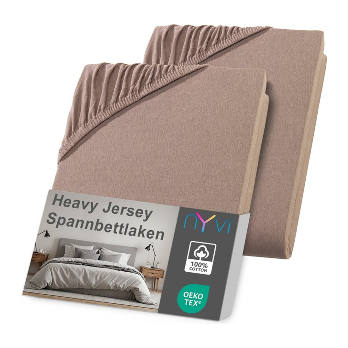 NYVI DreamScience Heavy Jersey Spannbettlaken 2er Pack, Farbe: Nougat, B/T: 200 x 220 cm, Höhe: 40 cm, für Boxspringbetten - Bild 1