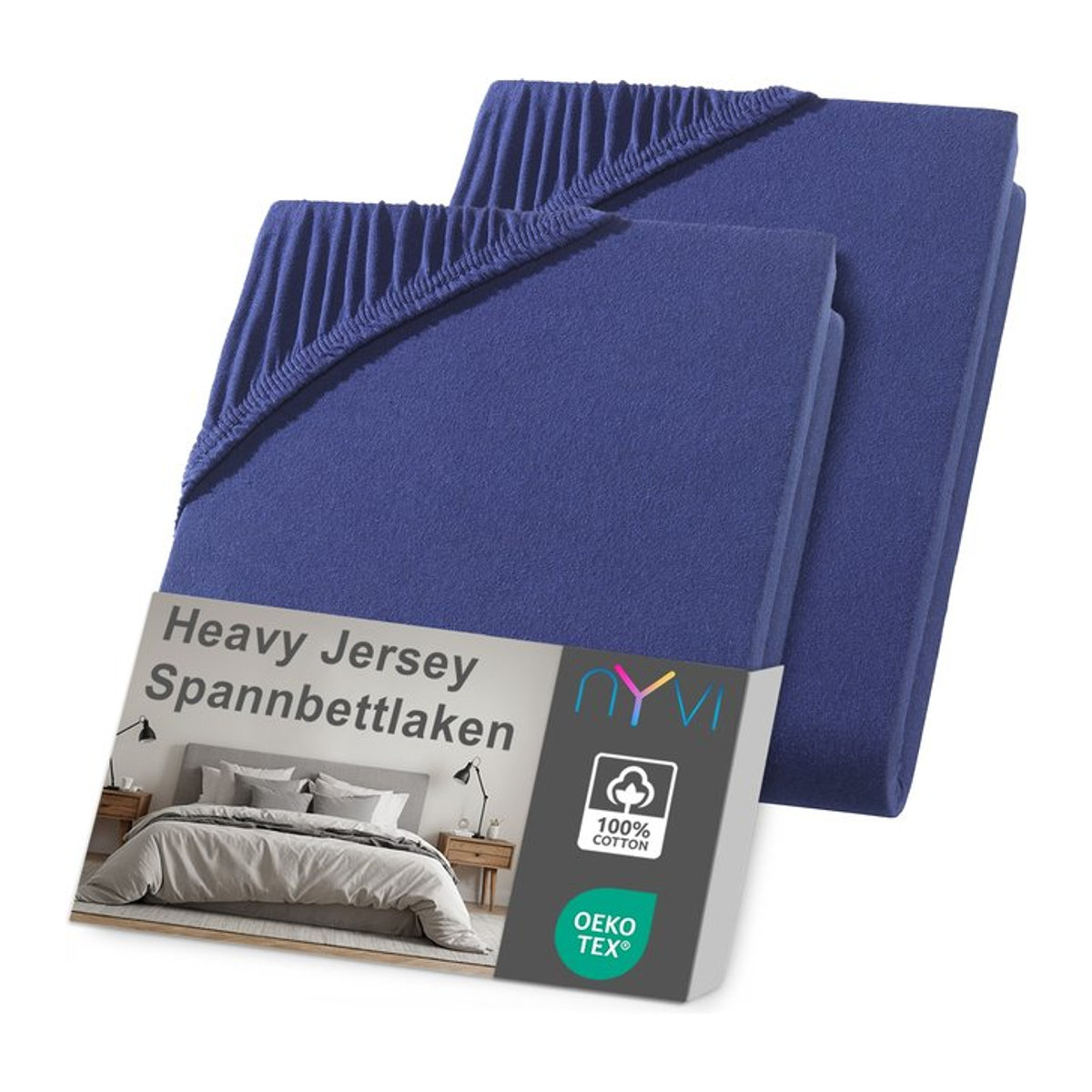 NYVI DreamScience Heavy Jersey Spannbettlaken 2er Pack, Navyblau, B/T: 140 x 200 cm und 160 x 200 cm mit 15 cm Höhe für Topper, bügelfrei und formstabil - Bild 1