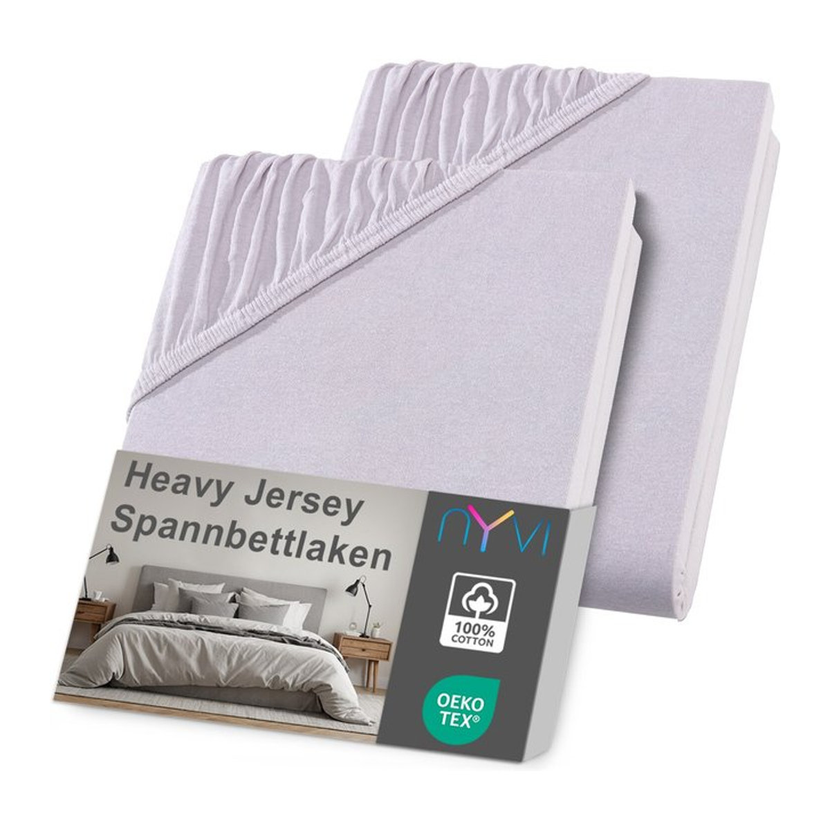 NYVI DreamScience Heavy Jersey Spannbettlaken 2er Pack, silber, B/T: 140 x 200 cm und 160 x 200 cm mit 15 cm Höhe für Topper, bügelfrei und formstabil - Bild 1