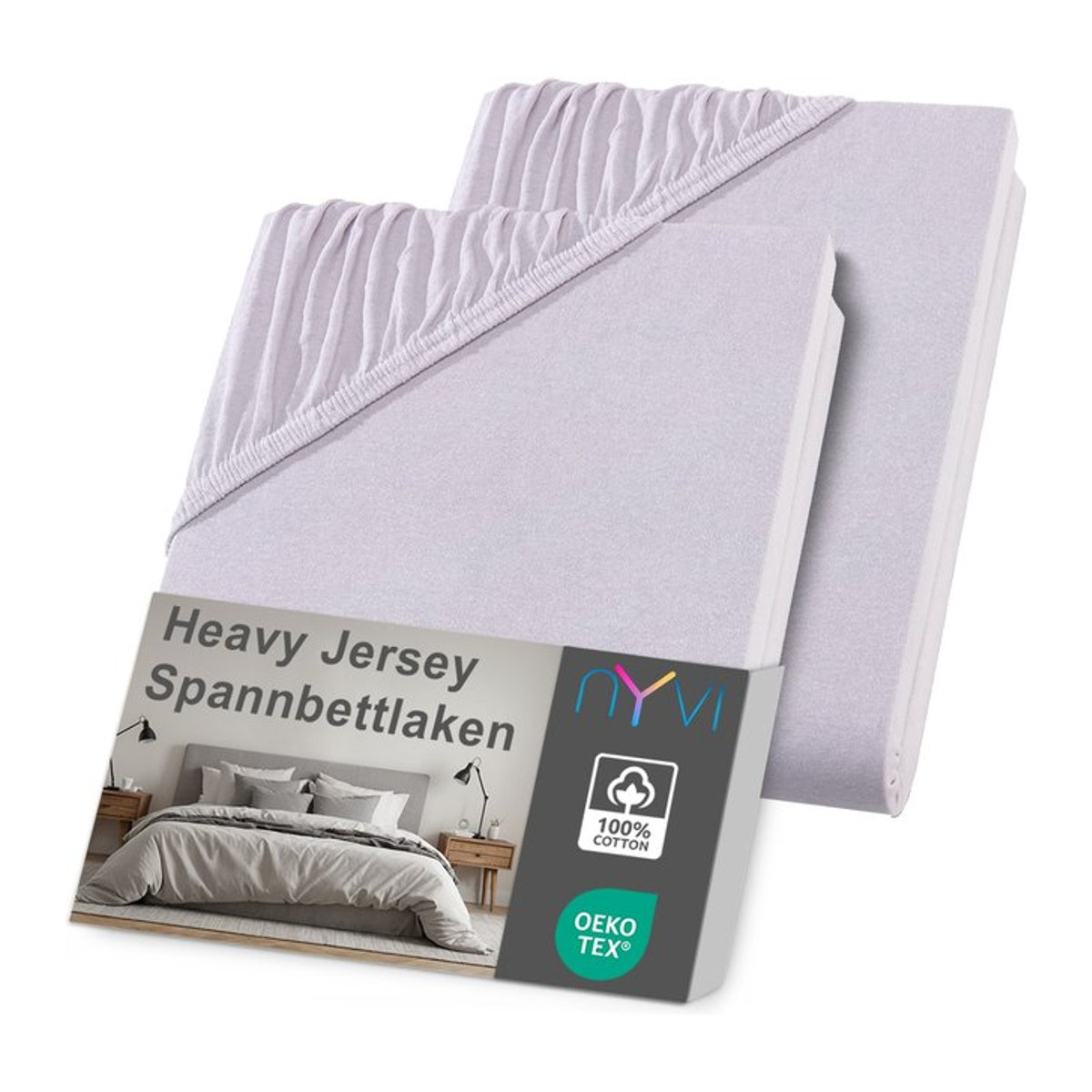 NYVI DreamScience Heavy Jersey Spannbettlaken 2er Pack, Silber, B/T: 180 x 200 cm und 200 x 200 cm mit 15 cm Topper Höhe, bügelfrei und formstabil - Bild 1