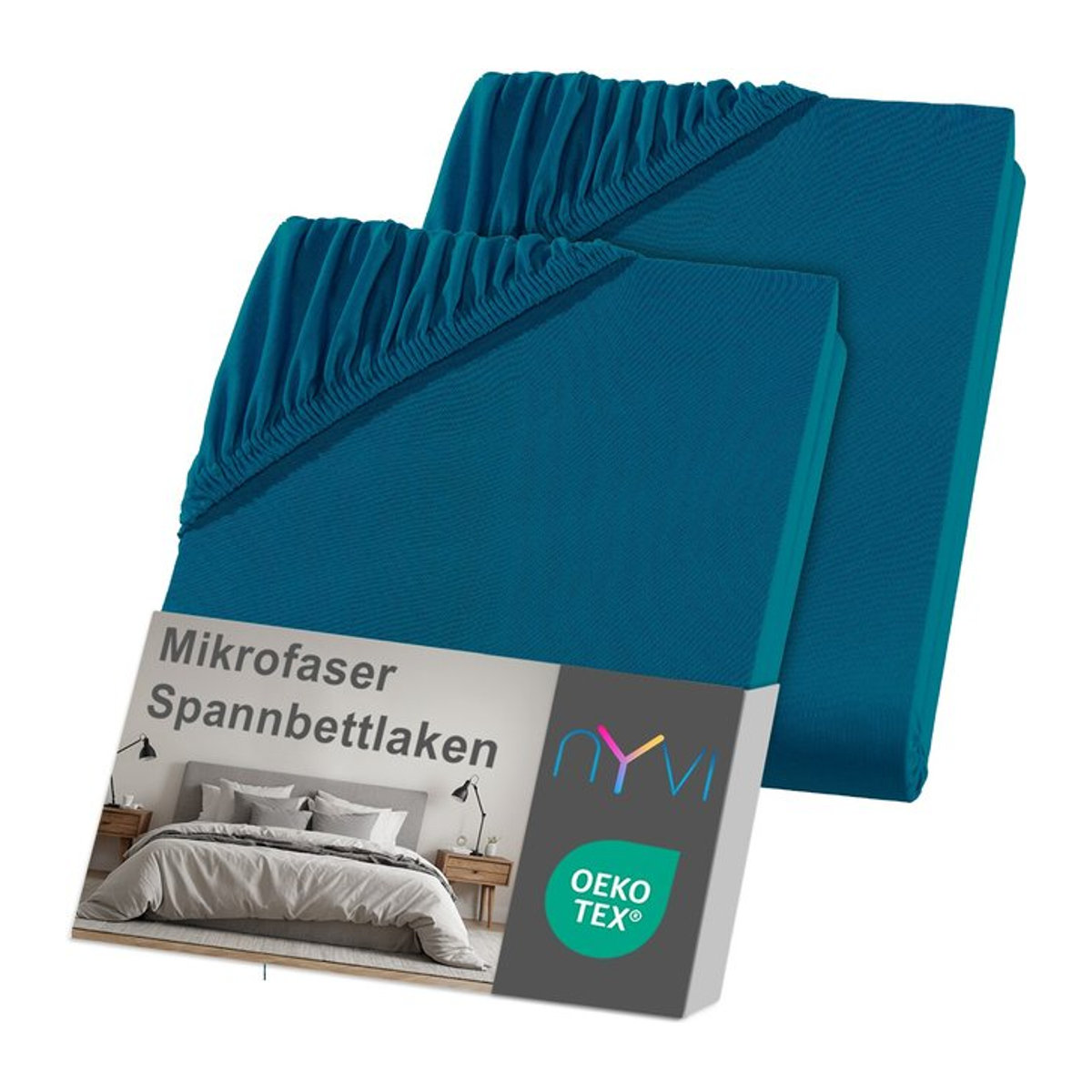 NYVI DreamScience Spannbettlaken aus Mikrofaser mit Rundumgummizug, bügelfrei, Farbe: petrol, 2er Pack, B/T/H: 140 x 200 cm und 160 x 200 cm - Bild 1