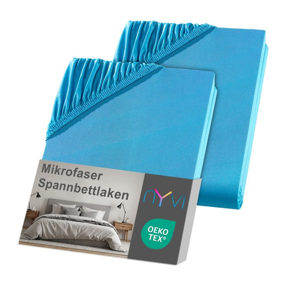 NYVI DreamScience Spannbettlaken aus Mikrofaser mit Rundumgummizug, bügelfrei, Farbe: Türkis, B/T: 90 x 200 cm bis 100 x 200 cm, 2er Pack - Bild 1