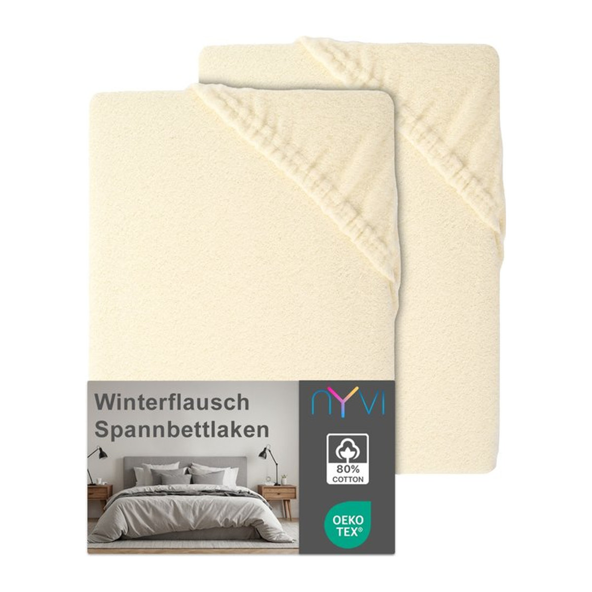 NYVI DreamScience Winterflausch Spannbettlaken 2er Pack, Farbe: beige, für Matratzen bis 22 cm Höhe - Bild 1