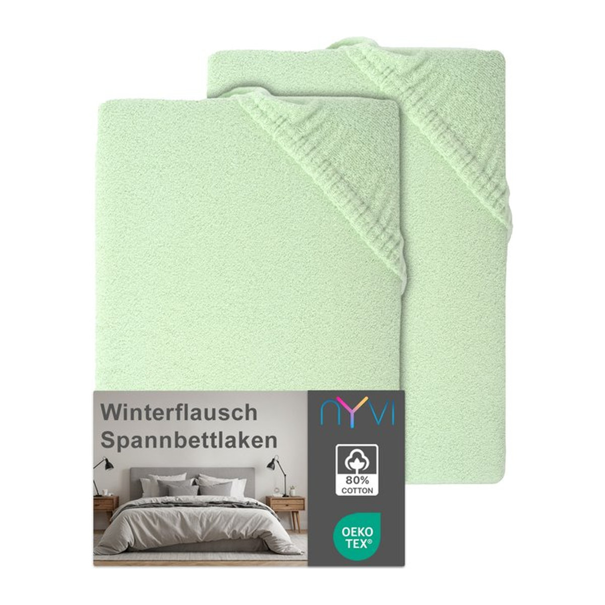 NYVI DreamScience Winterflausch Spannbettlaken 2er Pack, Farbe: Grün, B/T: 180 x 200 cm, Höhe: 40 cm - Bild 1