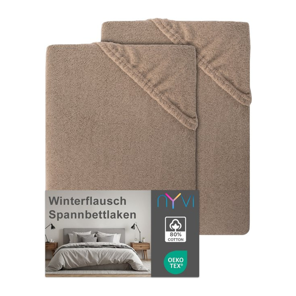 NYVI DreamScience Winterflausch Spannbettlaken 2er Pack, Farbe: Nougat, für Matratzen bis 22 cm Höhe, Größe: 90x200 - 100x200 cm - Bild 1