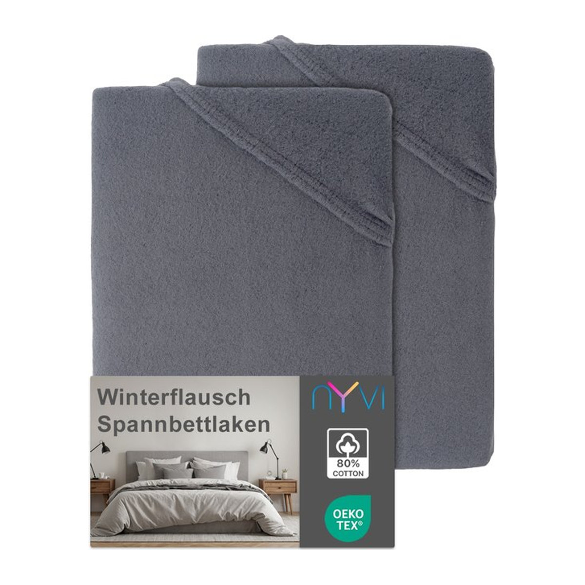 NYVI DreamScience Winterflausch Spannbettlaken 2er Pack, grau, wärmend, für Matratzen bis 22 cm Höhe - Bild 1