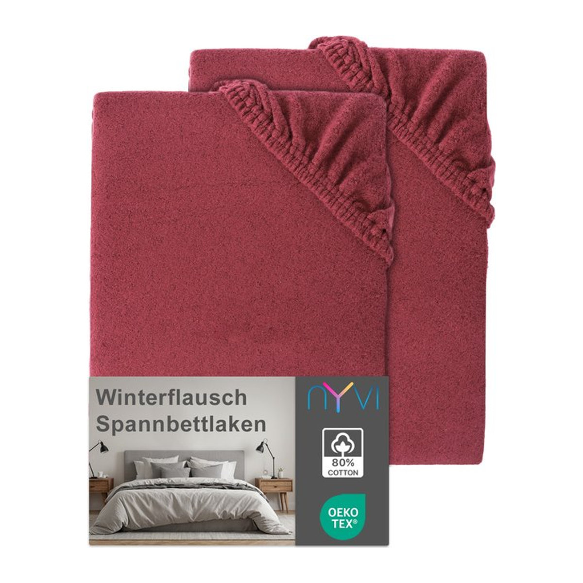 NYVI DreamScience Winterflausch Spannbettlaken 2er Pack, rot, für Matratzen bis 22 cm Höhe - Bild 1