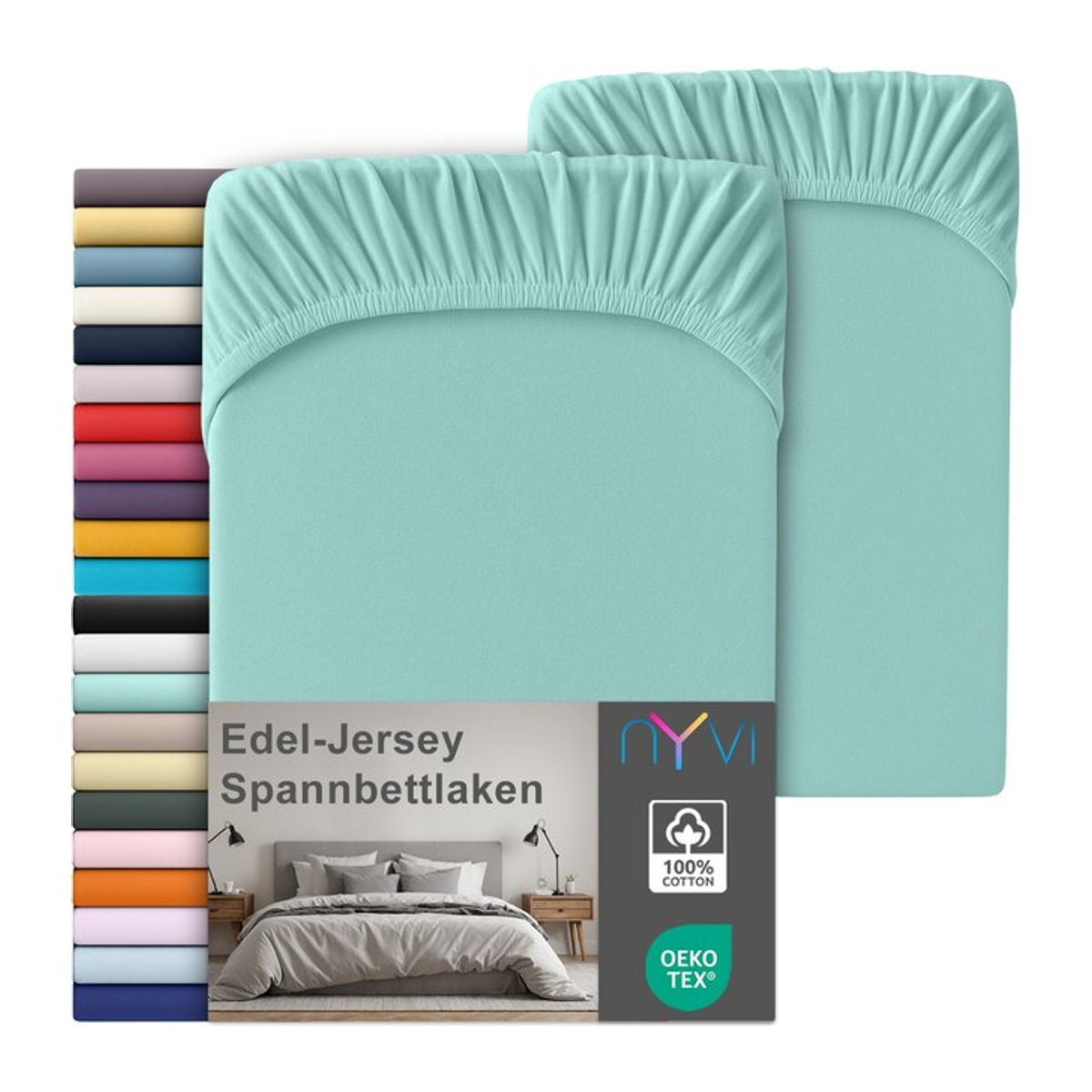 NYVI Edel Jersey Spannbettlaken Deluxe 2er Set aus 100% supergekämmter Baumwolle, Farbe: Blau, B/T: 90-100 x 200 cm - Bild 1