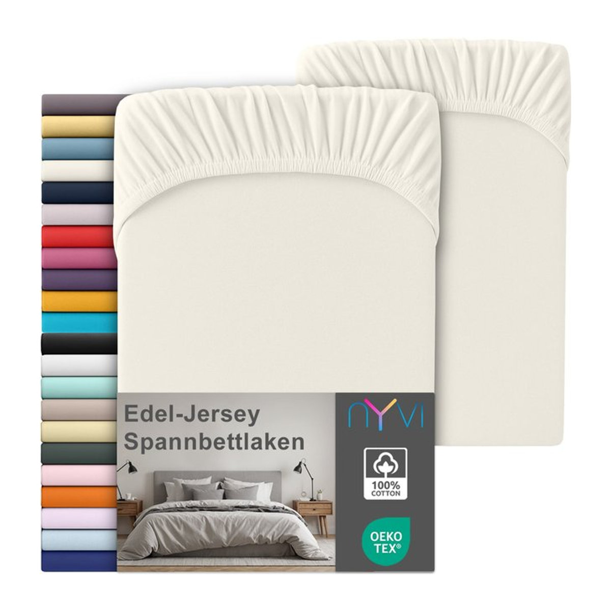 NYVI Edel Jersey Spannbettlaken Deluxe 2er Set aus 100% supergekämmter Baumwolle, Farbe: Creme, B/T: 140-160 x 200 cm, Steghöhe bis 25 cm - Bild 1
