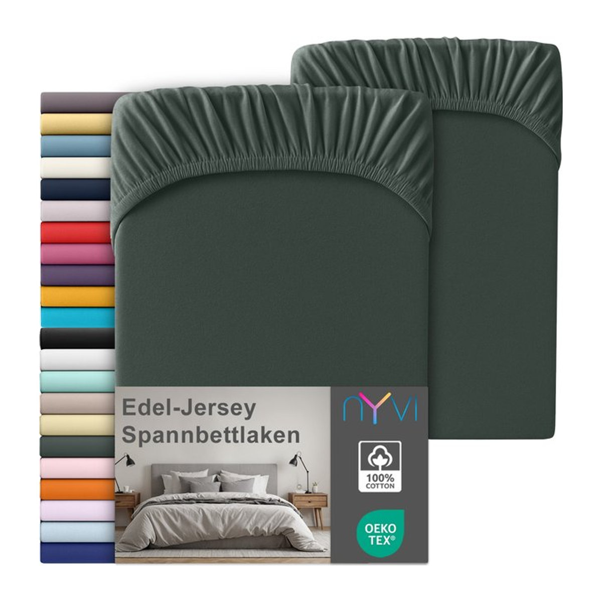 NYVI Edel Jersey Spannbettlaken Deluxe 2er Set aus 100% supergekämmter Baumwolle, Farbe: Grau, B/T: 140-160 x 200 cm, passend für Matratzen bis 25 cm Steghöhe - Bild 1