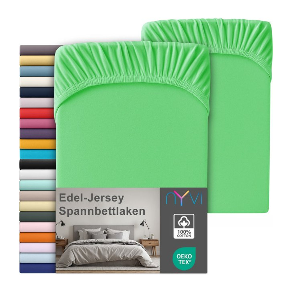 NYVI Edel Jersey Spannbettlaken Deluxe 2er Set aus 100% supergekämmter Baumwolle, Farbe: Grün, B/T: 90-100 x 200 cm - Bild 1