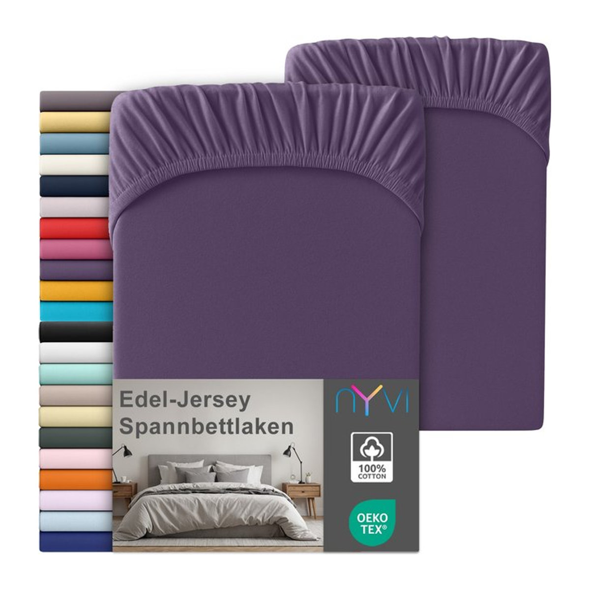 NYVI Edel Jersey Spannbettlaken Deluxe 2er Set aus 100% supergekämmter Baumwolle, Farbe: Lila, B/T: 90-100 x 200 cm - Bild 1