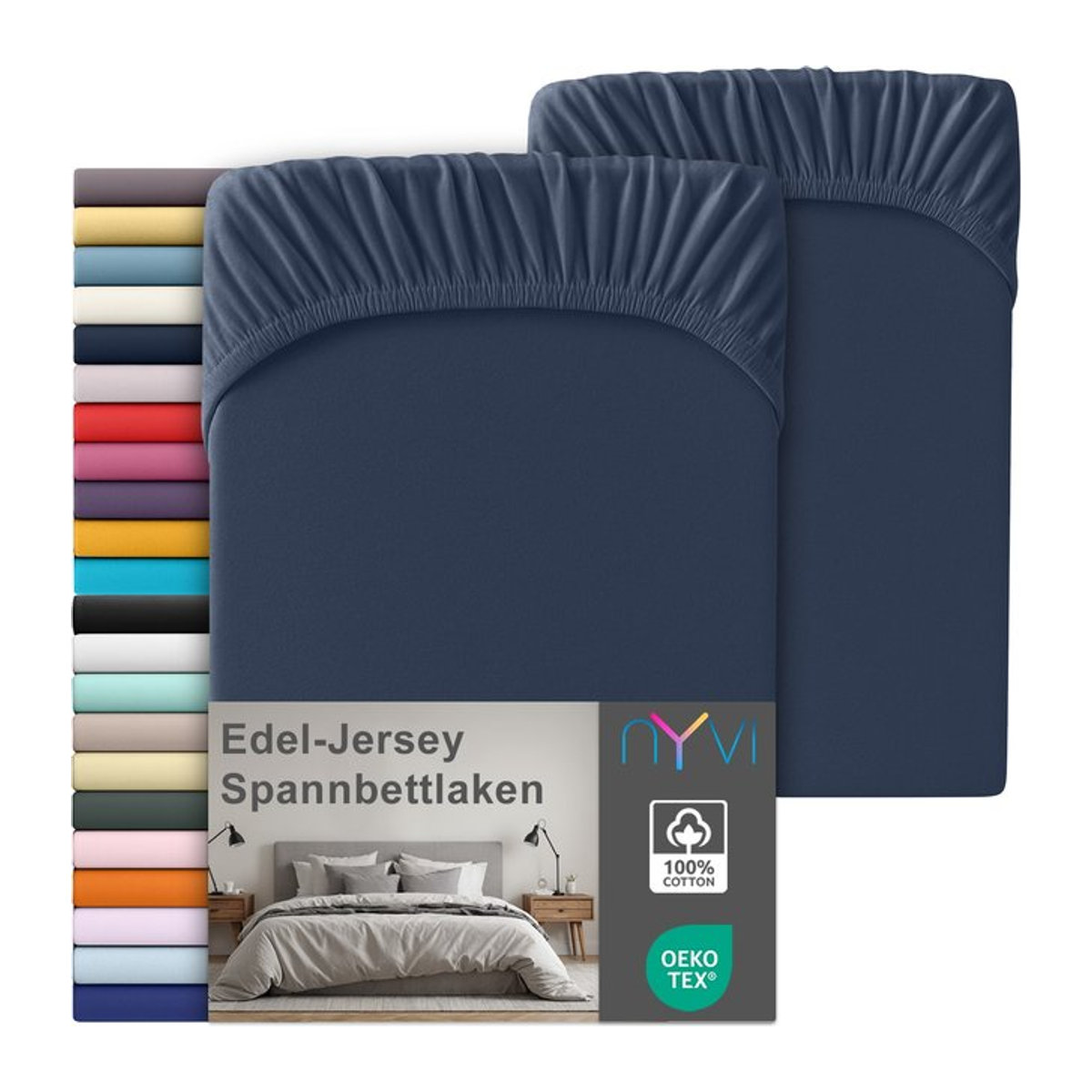NYVI Edel Jersey Spannbettlaken Deluxe 2er Set aus 100% supergekämmter Baumwolle, Farbe: Marineblau, B/T: 180-200 x 200 cm, passend für Matratzen bis 25 cm Steghöhe - Bild 1