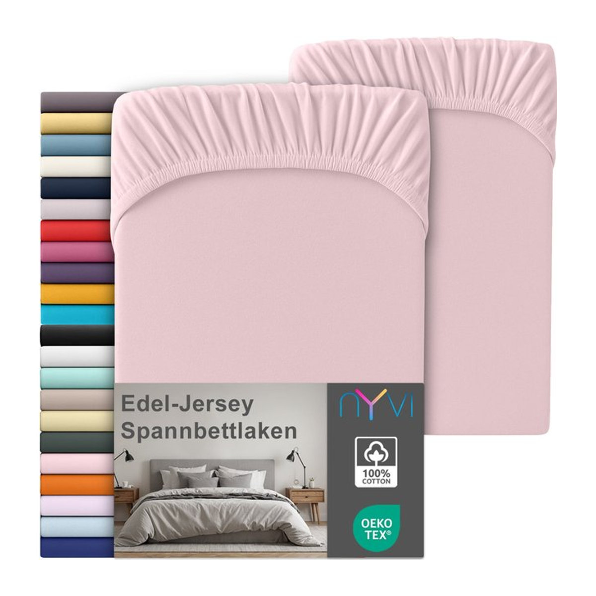 NYVI Edel Jersey Spannbettlaken Deluxe 2er Set aus 100% supergekämmter Baumwolle, Farbe: Rosa, B/T: 180-200 x 200 cm, für Matratzen bis 25 cm Steghöhe - Bild 1