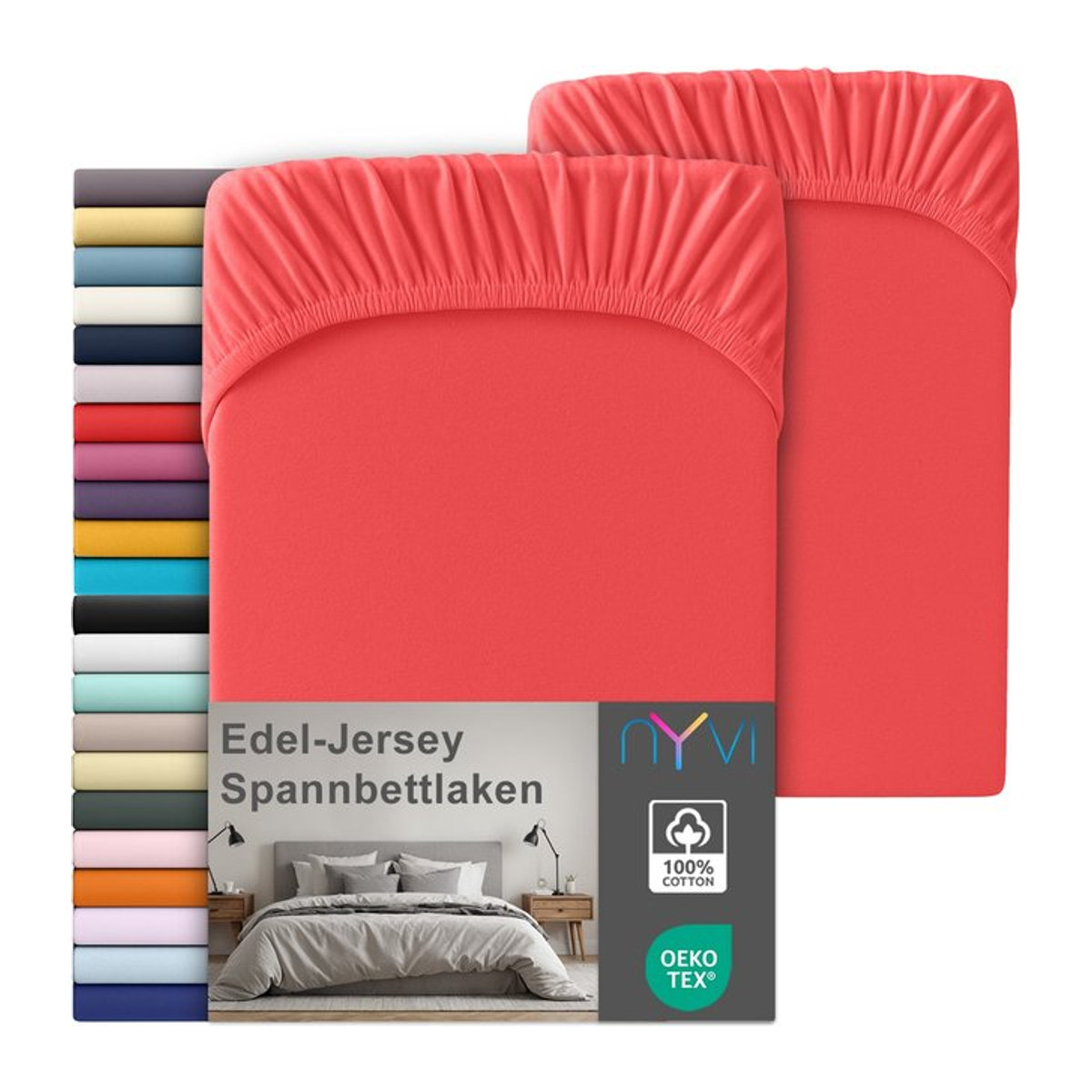 NYVI Edel Jersey Spannbettlaken Deluxe 2er Set aus 100% supergekämmter Baumwolle, Farbe: Rot, B/T: 180-200 x 200 cm, passend für Matratzen bis 25 cm Steghöhe - Bild 1