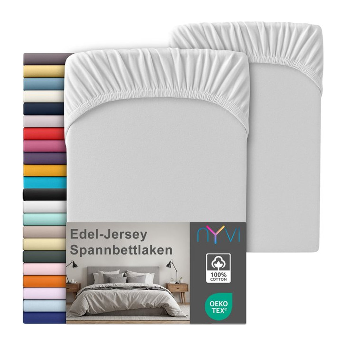 NYVI Edel Jersey Spannbettlaken Deluxe 2er Set aus 100% supergekämmter Baumwolle, Farbe: Silber, B/T: 90-100 x 200 cm - Bild 1