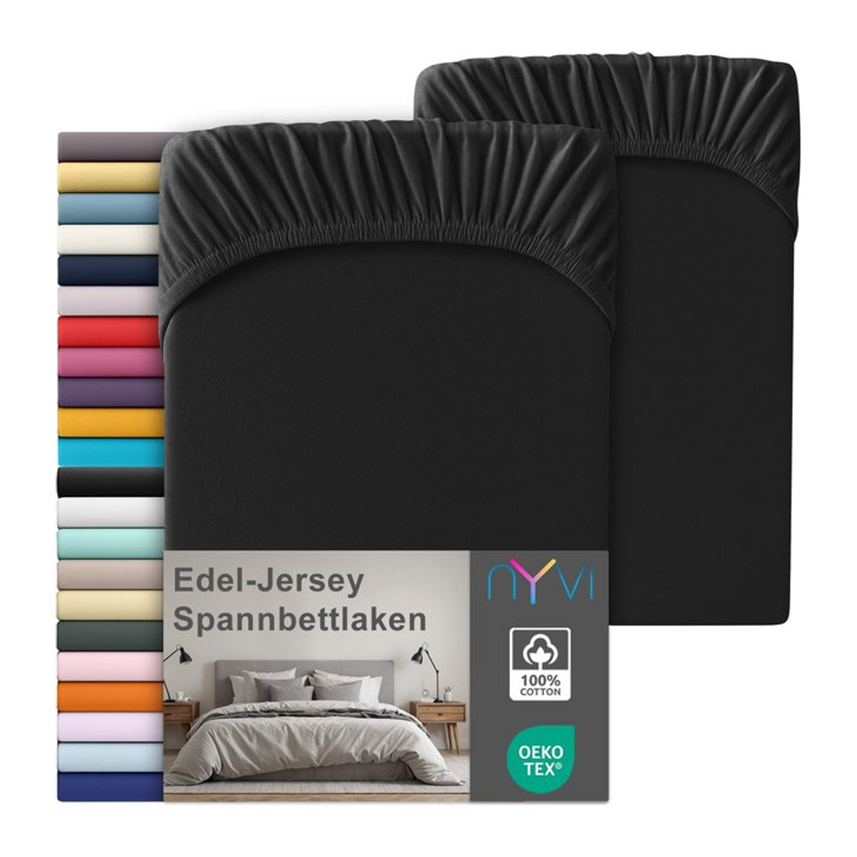 NYVI Edel Jersey Spannbettlaken Deluxe 2er Set aus 100% supergekämmter Baumwolle, Schwarz, B/T: 140-160 x 200 cm, Steghöhe bis 25 cm - Bild 1