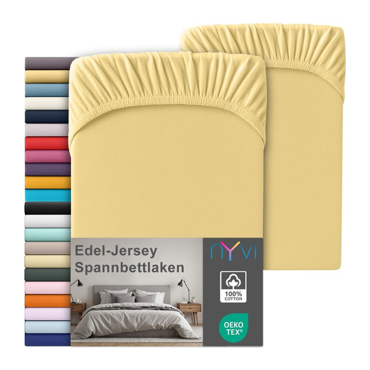 NYVI Edel Jersey Spannbettlaken Deluxe aus 100% supergekämmter Baumwolle, 2er Set, Gelb, B/T: 90-100 x 200 cm - Bild 1