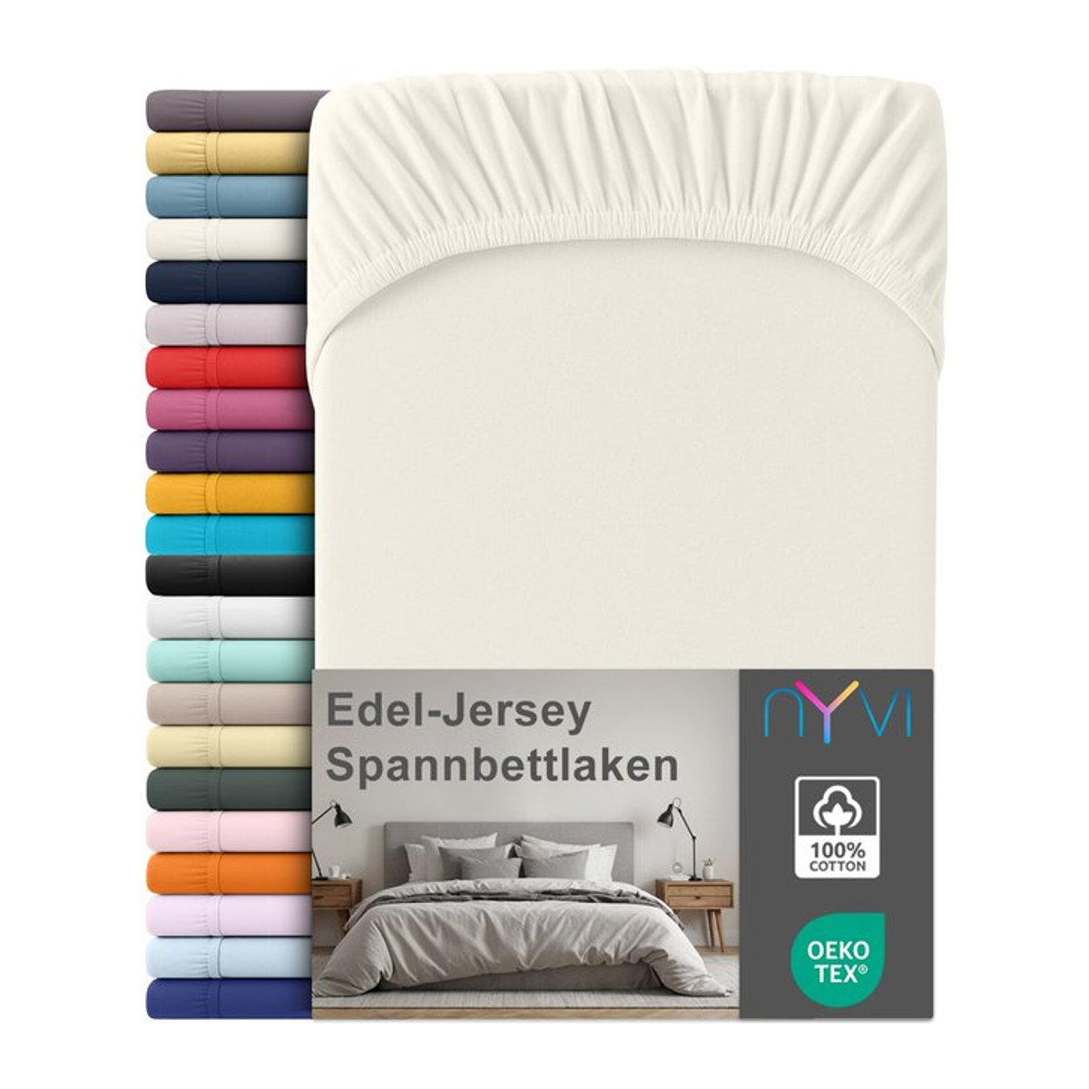 NYVI Edel Jersey Spannbettlaken Deluxe aus 100% supergekämmter Baumwolle mit Rundumgummizug, Farbe: Creme, B/T: 140 x 160 cm, Höhe: 200 cm - Bild 1