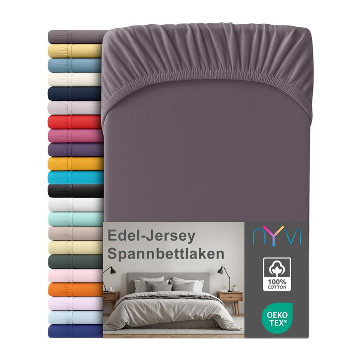 NYVI Edel Jersey Spannbettlaken Deluxe aus 100% supergekämmter Baumwolle mit Rundumgummizug, Farbe: Graphit, B/T: 90-100 x 220 cm - Bild 1