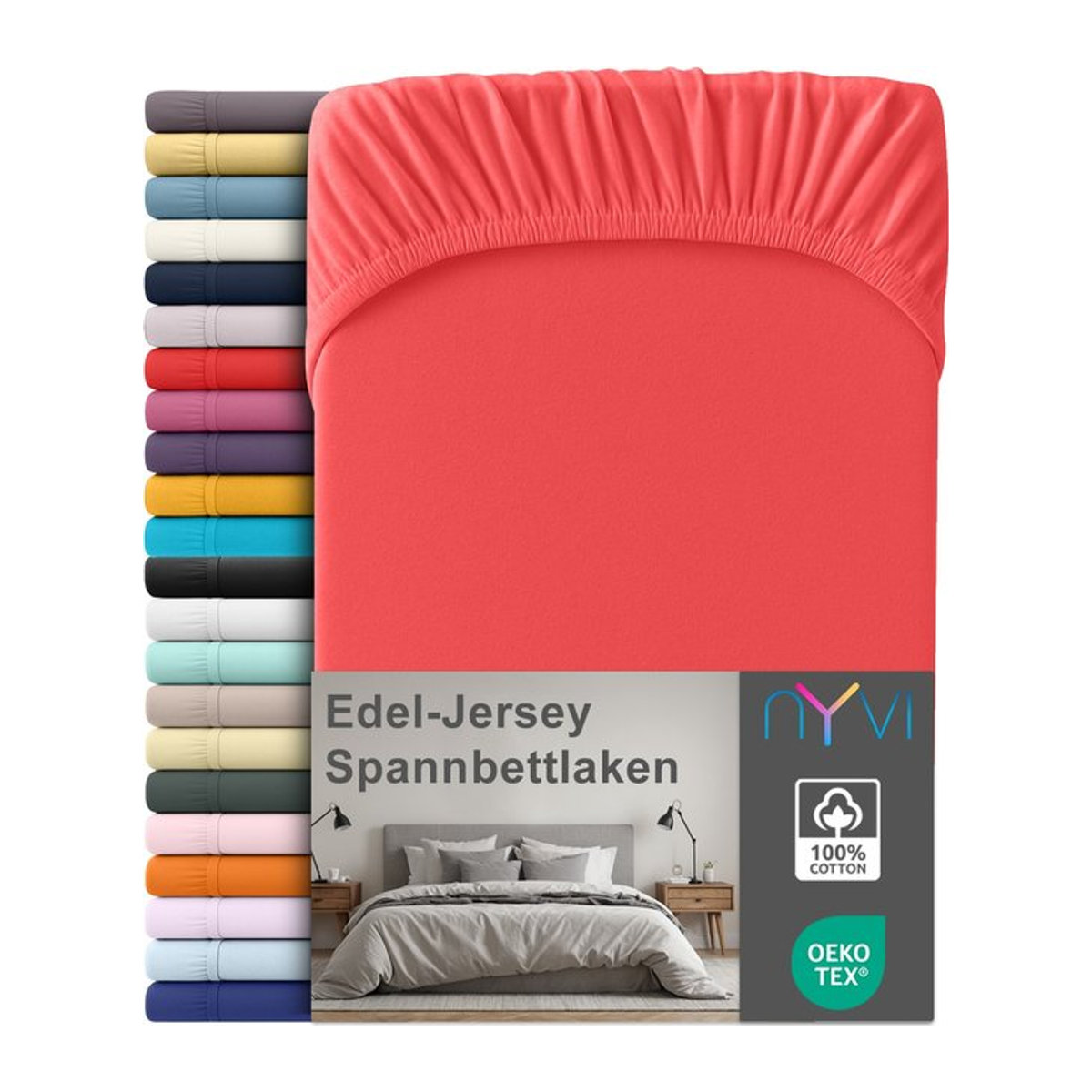 NYVI Edel Jersey Spannbettlaken Deluxe aus 100% supergekämmter Baumwolle mit Rundumgummizug, Farbe: Rot, B/T: 180 x 200 cm, Steghöhe bis 25 cm - Bild 1