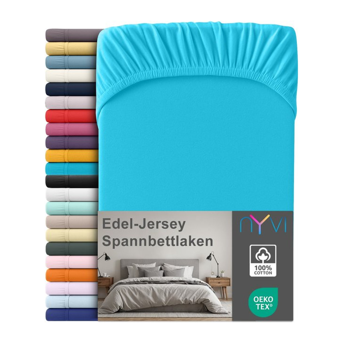 NYVI Edel Jersey Spannbettlaken Deluxe aus 100% supergekämmter Baumwolle mit Rundumgummizug, Farbe: Türkis, B/T: 90-100 x 200 cm - Bild 1