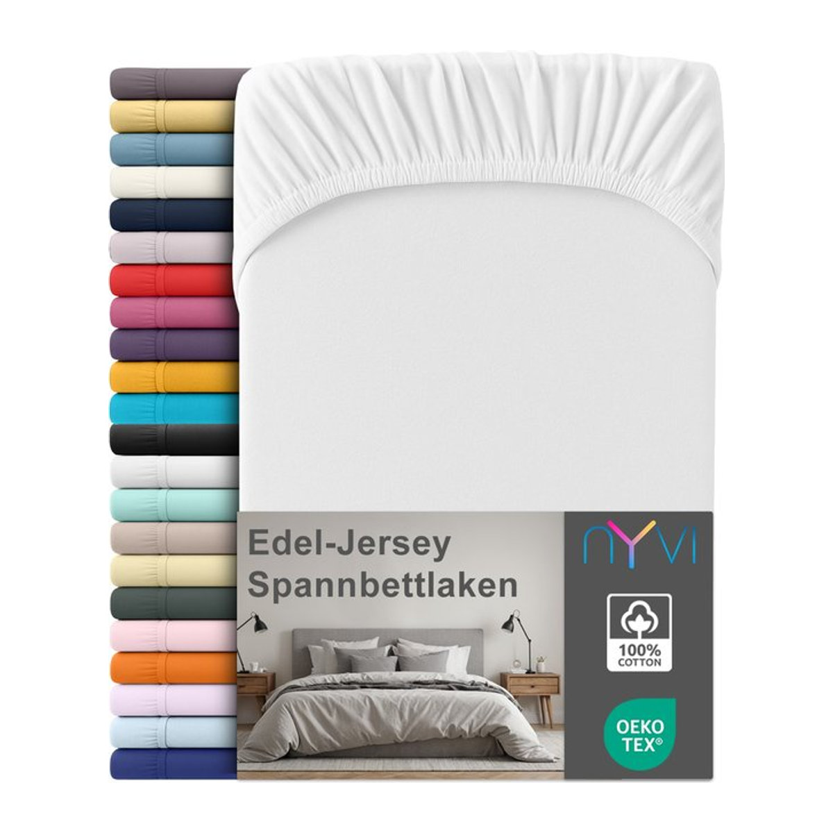 NYVI Edel Jersey Spannbettlaken Deluxe aus 100% supergekämmter Baumwolle mit Rundumgummizug, Weiß, B/T: 90-100 x 220 cm - Bild 1