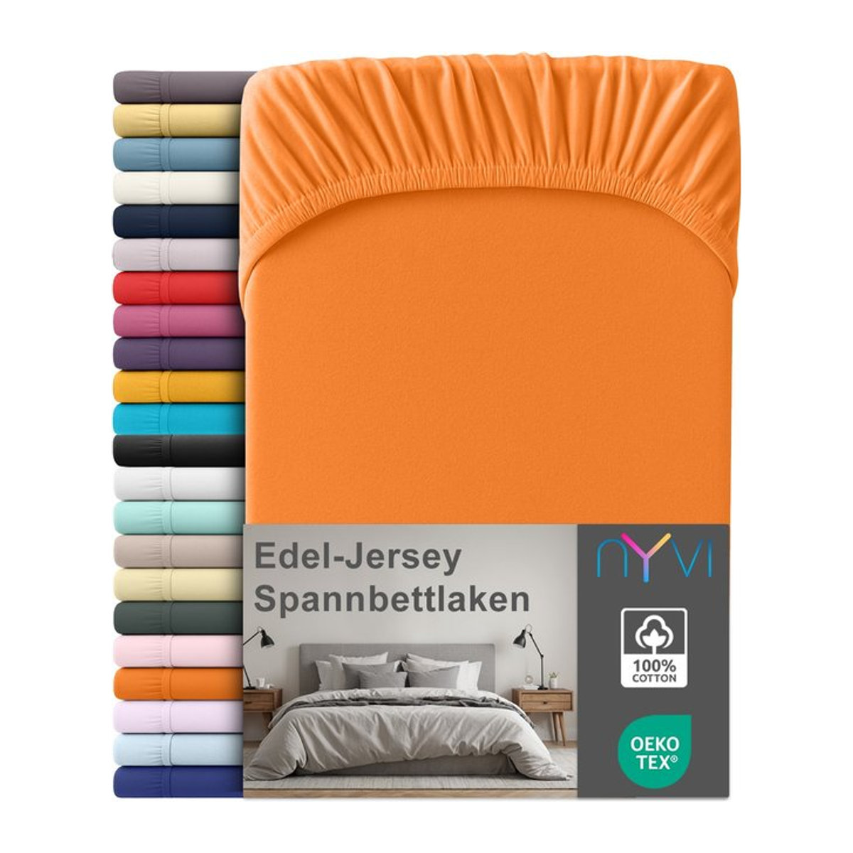 NYVI Edel Jersey Spannbettlaken Deluxe aus 100% supergekämmter Baumwolle, Orange, B/T: 90-100 x 200 cm, für Matratzen bis 25 cm Steghöhe - Bild 1