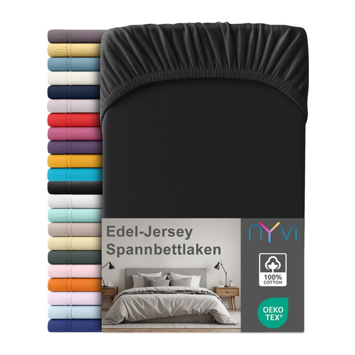 NYVI Edel Jersey Spannbettlaken Deluxe aus 100% supergekämmter Baumwolle, Schwarz, B/T: 180 x 220 cm, für Matratzen bis 25 cm Steghöhe - Bild 1
