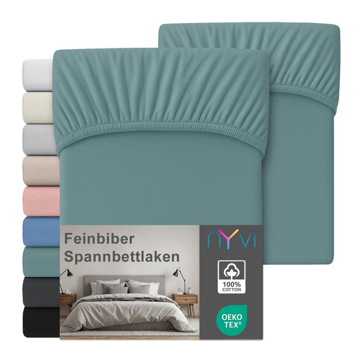 NYVI Feinbiber Spannbettlaken Deluxe 2er Set aus 100% Baumwolle, Extra Warm und Bügelfrei, Farbe: Grün, B/T: 180 x 200 cm - Bild 1