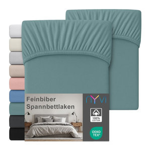 NYVI Feinbiber Spannbettlaken Deluxe 2er Set aus 100% Baumwolle, Extra Warm und Bügelfrei, Farbe: Grün, B/T: 180 x 200 cm