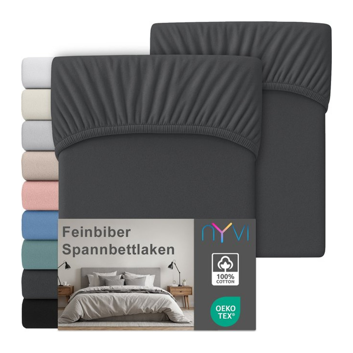 NYVI Feinbiber Spannbettlaken Deluxe 2er Set aus 100% Baumwolle, extra warm und weich, bügelfrei und vorgekrumpft, Farbe: Grau - Bild 1